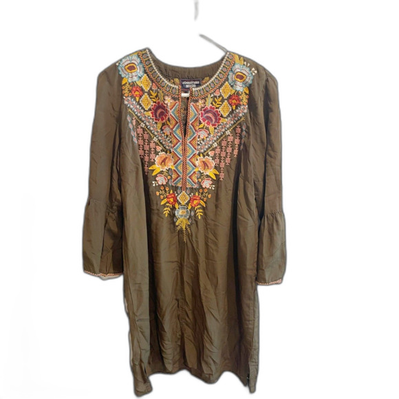 Johnny Was Embroidery Tunic Top Dress M Boho Olive Green Bell Sleeve Floral Silk - Picture 1 of 13